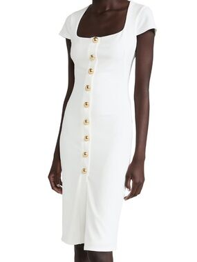 Black Halo White Square-Neck Midi Dress with Gold Buttons
